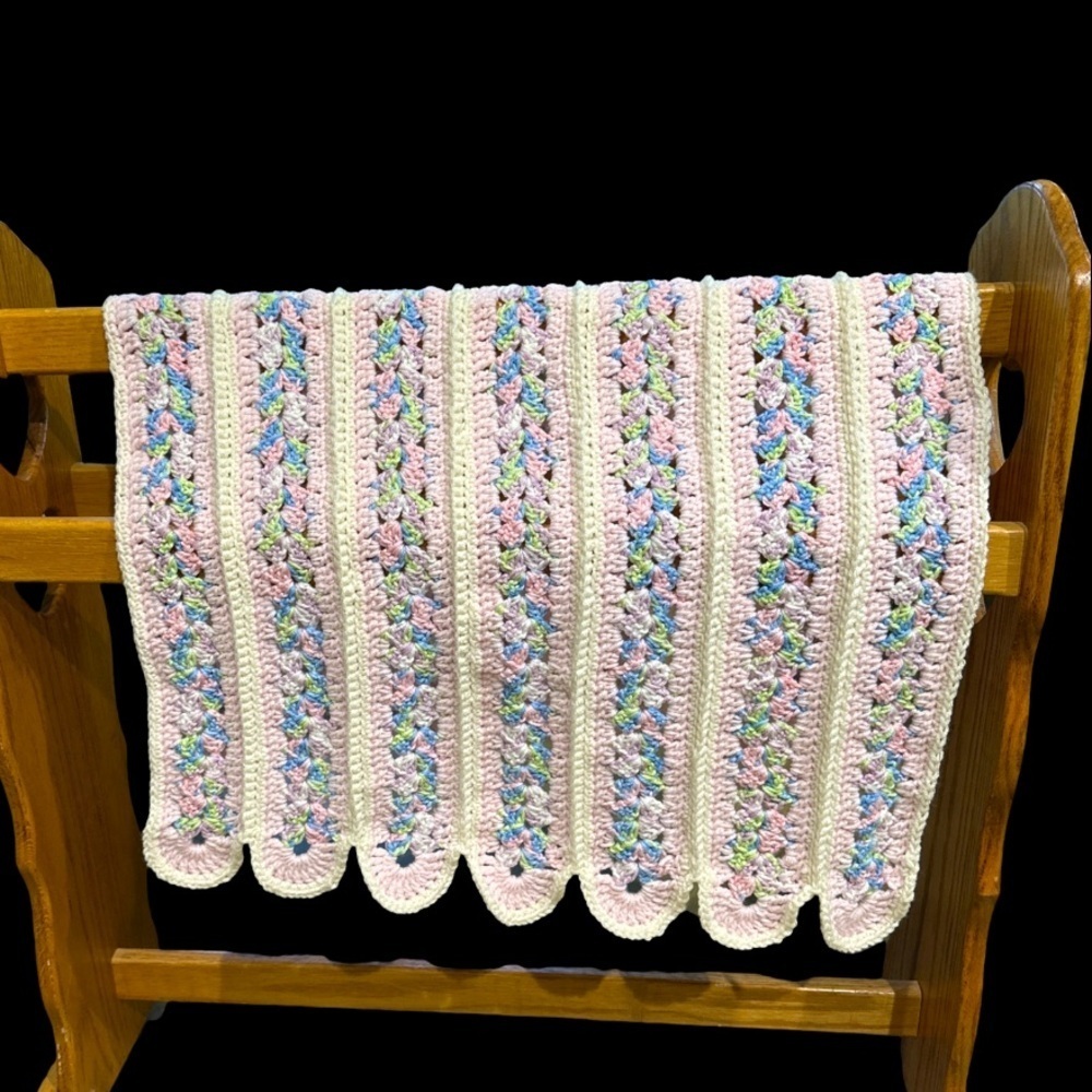 Handmade Crochet Baby Receiving Blanket Girl Pink White Multi